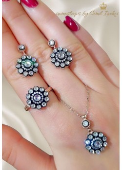 Elmas Kesim Çiçek Motif Gümüş Set 