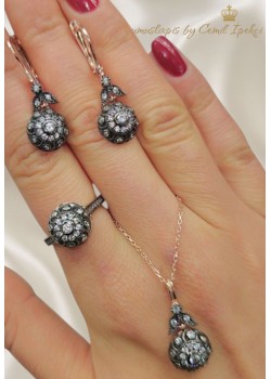 Elmas Montür Yuvarlak Motif Gümüş Set