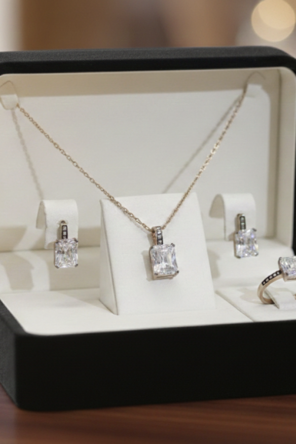 Elmas Montür Dikdörtgen Motif Gümüş Set