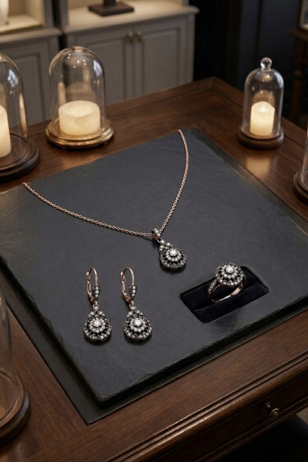 Elmas Montür Yuvarlak Motif Gümüş Set