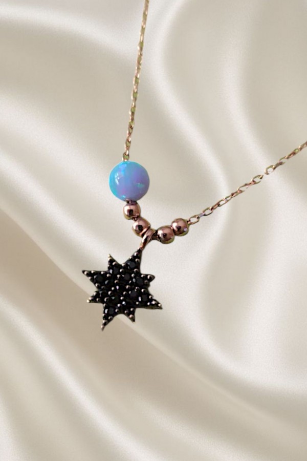 Onix Taşlı Kutup Yıldızı Motif ile Opal Toplu Gümüş Halhal