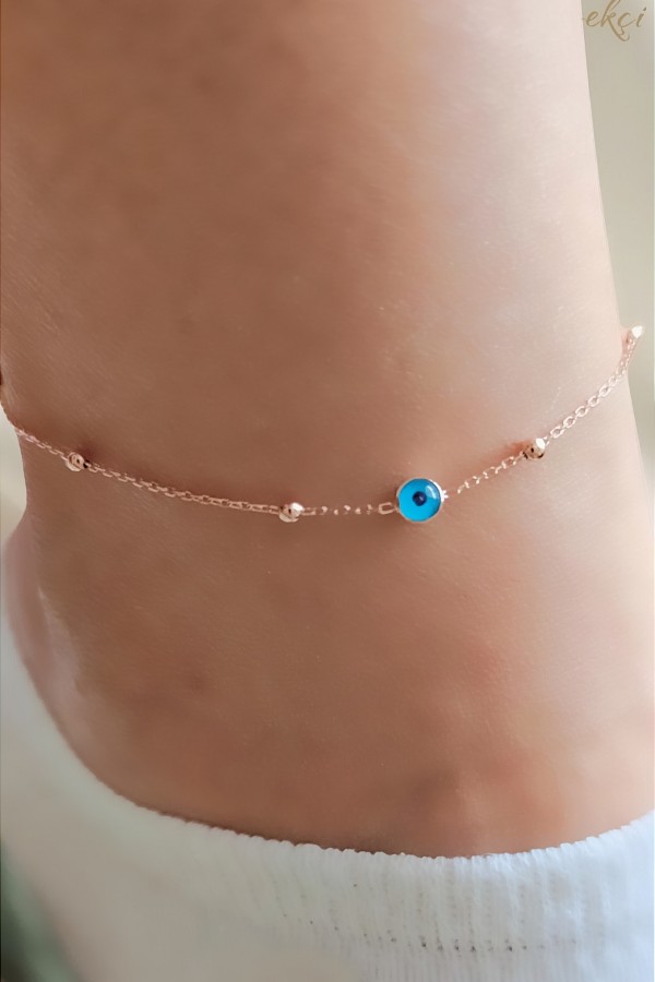 Cam Göz Nazar Boncuklu Gümüş Rose Halhal