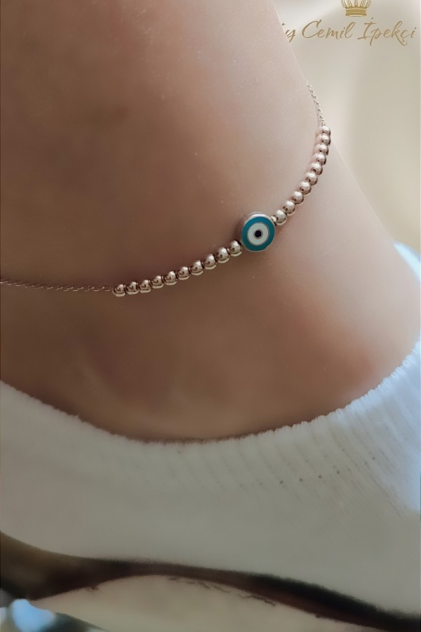 Mine Nazar Boncuklu İki Renkli Gümüş Halhal