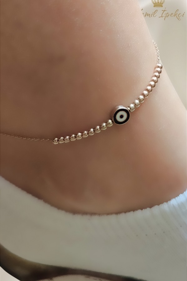 Mine Nazar Boncuklu İki Renkli Gümüş Halhal