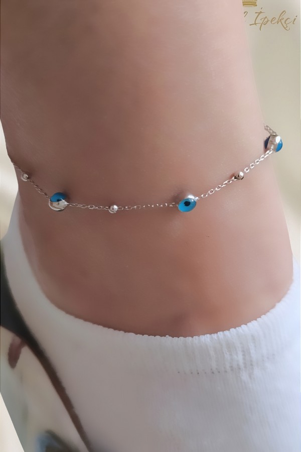 Cam Göz Nazar Boncuklu Gümüş Halhal