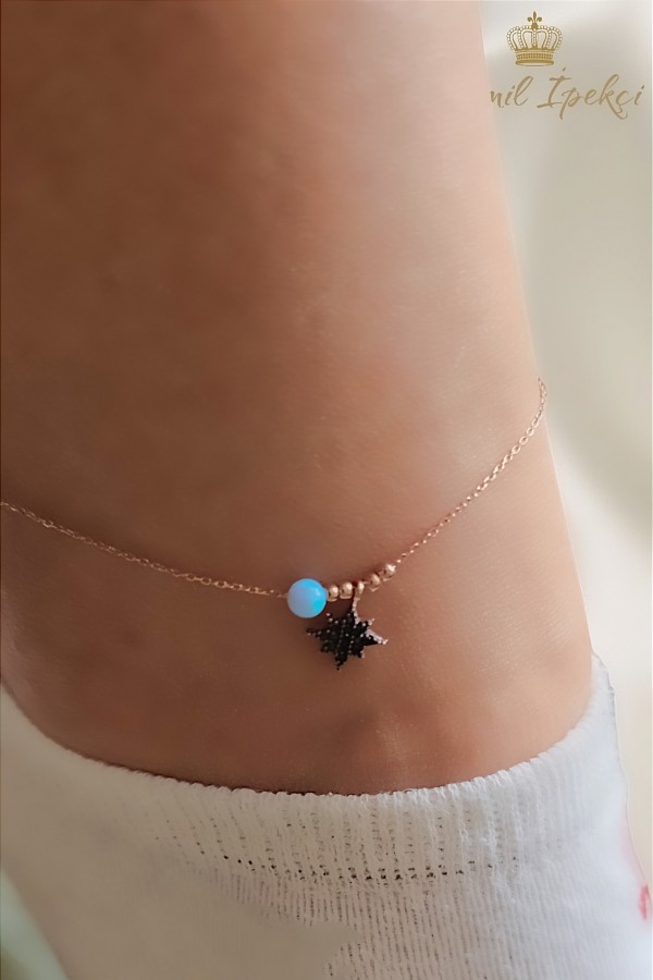 Onix Taşlı Kutup Yıldızı Motif ile Opal Toplu Gümüş Halhal