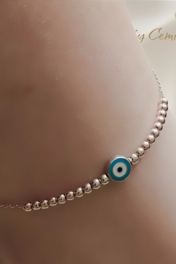 Mine Nazar Boncuklu İki Renkli Gümüş Halhal