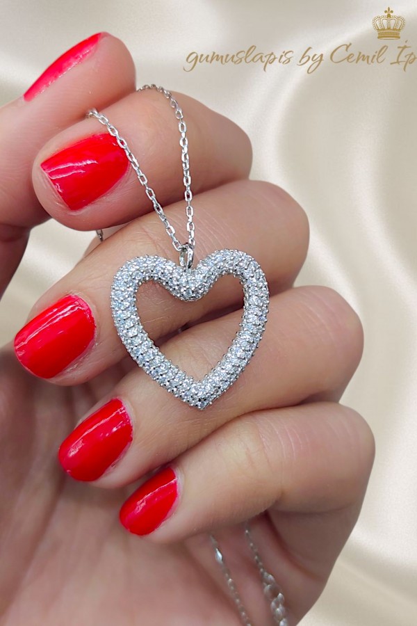 İçi Boş Kalp Motif Büyük Boy Gümüş Kolye