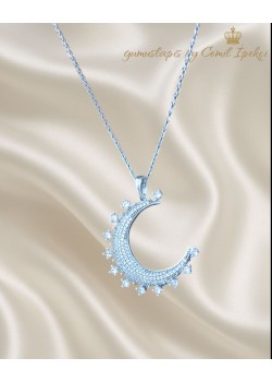 Ay Motif Beyaz Taşlı Gümüş Kolye