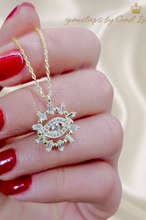 Göz Motif Baget Taşlı Gümüş Kolye 