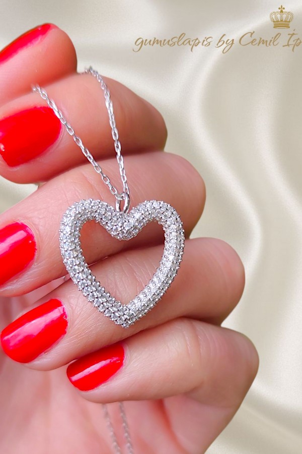 İçi Boş Kalp Motif Büyük Boy Gümüş Kolye