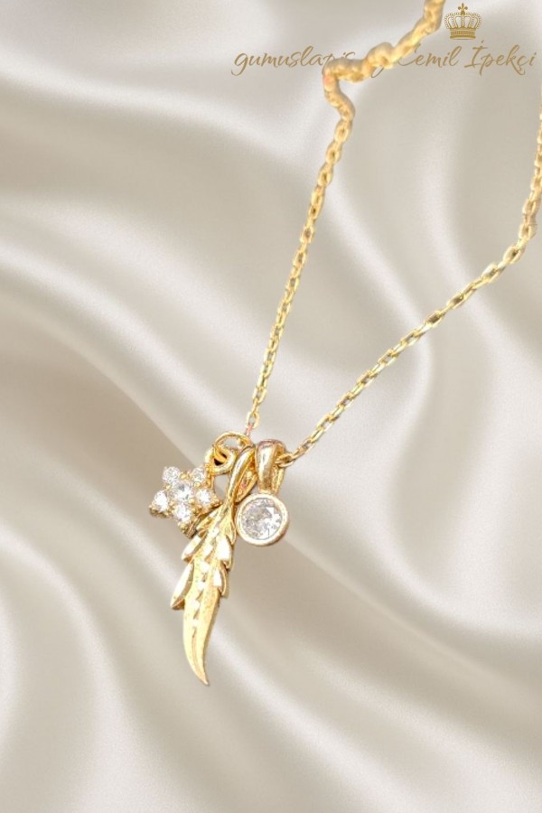 Yıldız Tüy ve Tektaş Motif Gümüş Kolye 