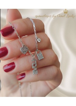 LOVE Yazılı Kalp Kilit ve Taş Motif Gümüş Kolye