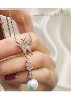 Kelebek Motif Asansörlü Gümüş Kolye