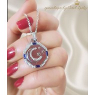 Safir Taşlı Ay Yıldız Motif Gümüş Kolye