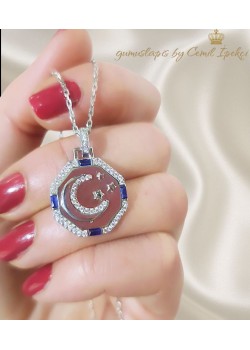 Safir Taşlı Ay Yıldız Motif Gümüş Kolye