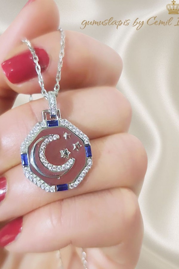 Safir Taşlı Ay Yıldız Motif Gümüş Kolye