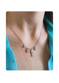 LOVE Yazılı Kalp Kilit ve Taş Motif Gümüş Kolye