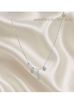 LOVE Yazılı Kalp Kilit ve Taş Motif Gümüş Kolye