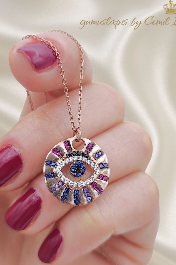 Renkli Taşlarla Süslü Göz Motif Gümüş Kolye