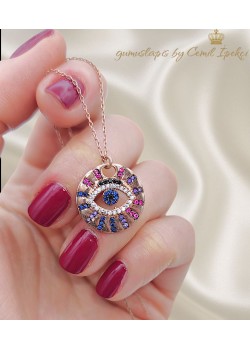 Renkli Taşlarla Süslü Göz Motif Gümüş Kolye