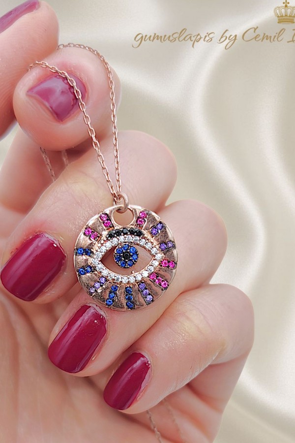 Renkli Taşlarla Süslü Göz Motif Gümüş Kolye