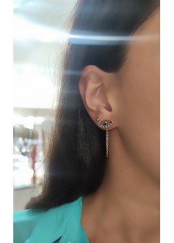 Safir Taşlı Göz Motif Arası Zincirli Gümüş Küpe Çifti 