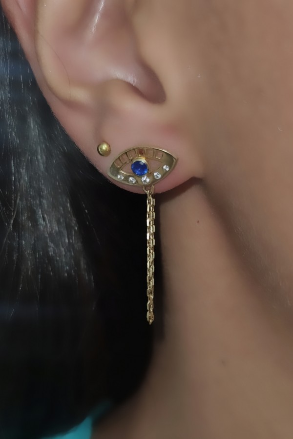 Safir Taşlı Göz Motif Arası Zincirli Gümüş Küpe Çifti 