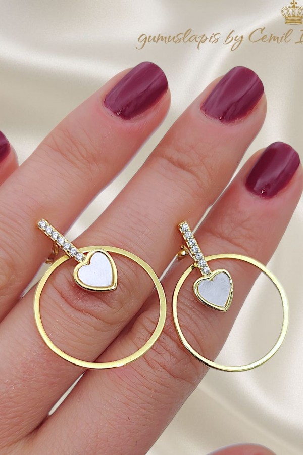 Kalp Motif Hareketli Halkalı Gümüş Küpe