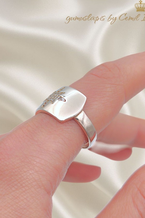 Kutup Yıldızı Motif Gümüş Plaka Yüzük