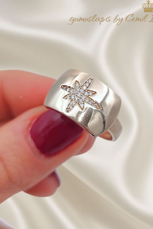 Kutup Yıldızı Motif Gümüş Plaka Yüzük