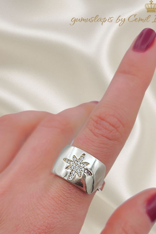 Kutup Yıldızı Motif Gümüş Plaka Yüzük