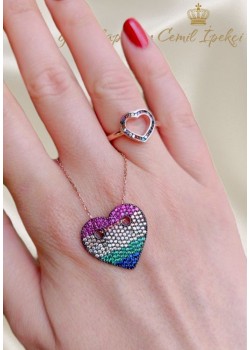 Kalp Motif Renkli Taşlarla Süslü Gümüş Kolye 