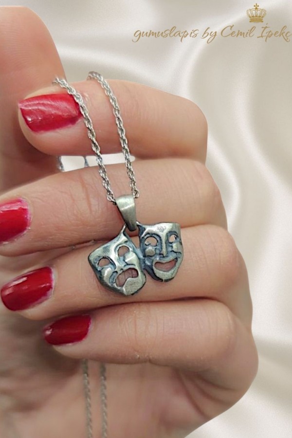 Tiyatro Maskı Taşsız Gümüş Kolye