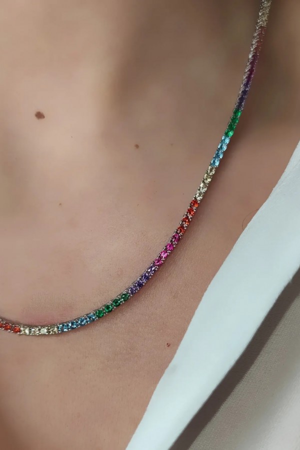 Renkli Taşlarla Süslü Gümüş Suyolu Kolye