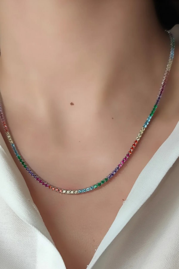 Renkli Taşlarla Süslü Gümüş Suyolu Kolye