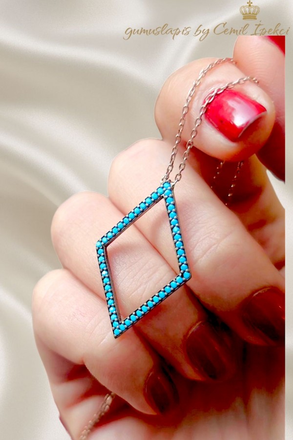 Turkuaz Taşlı Baklava Motif Gümüş Kolye 