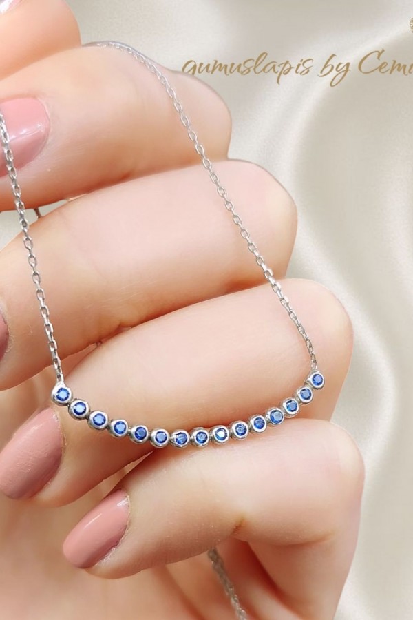 Safir Taşlı Uzun Gümüş Kolye 