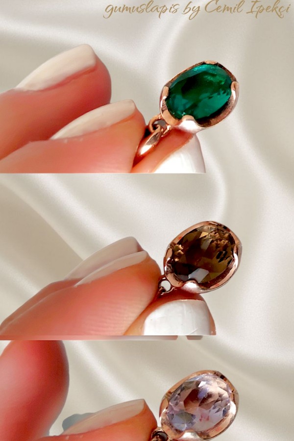 Doğal taşlı mini oval motif gümüş kolye ucu serisi