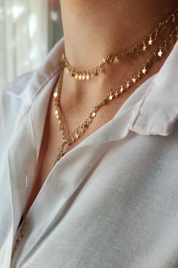 Kendinden İkili Yıldız Motif Y Kolye