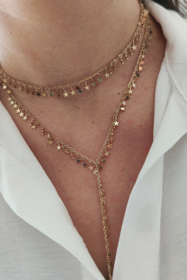 Kendinden İkili Yıldız Motif Y Kolye