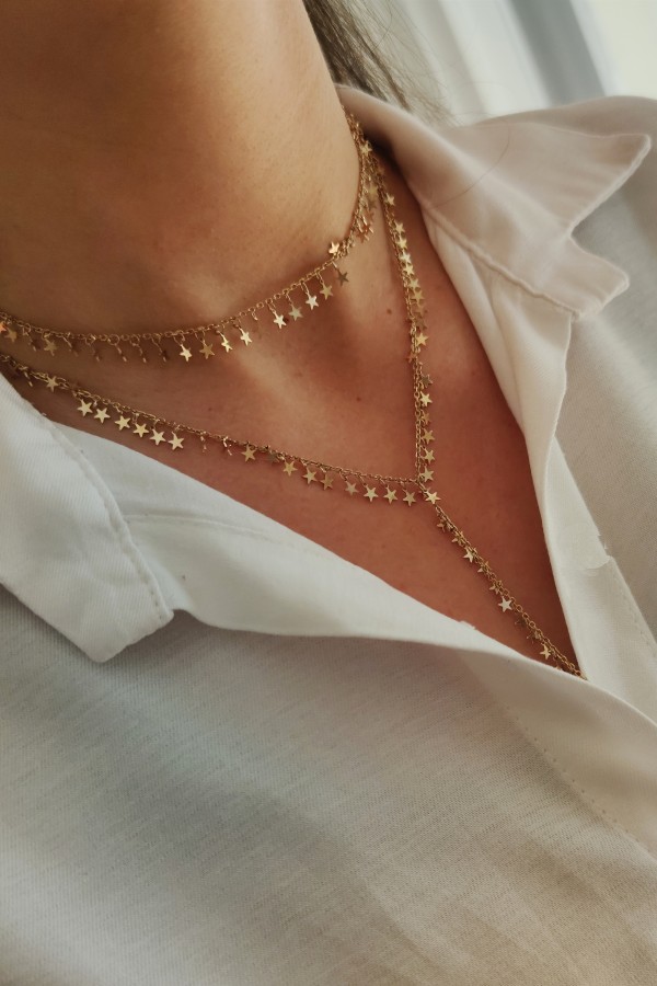 Kendinden İkili Yıldız Motif Y Kolye