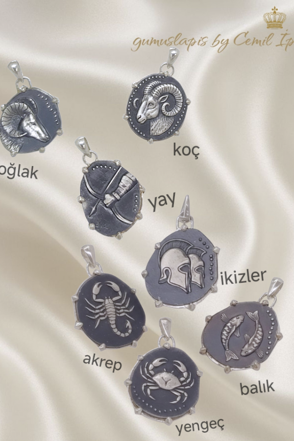 Asimetrik Model Burç Motif Elişi Tasarım Gümüş Kolye Ucu Serisi