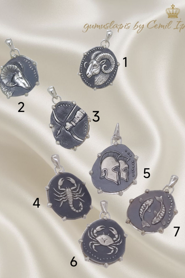 Asimetrik Model Burç Motif Elişi Tasarım Gümüş Kolye Ucu Serisi