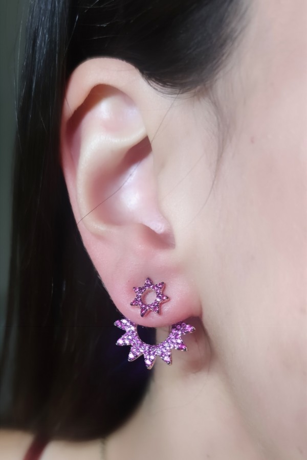 Yakut Taşlı Kendinden İkili Gümüş Küpe Çifti