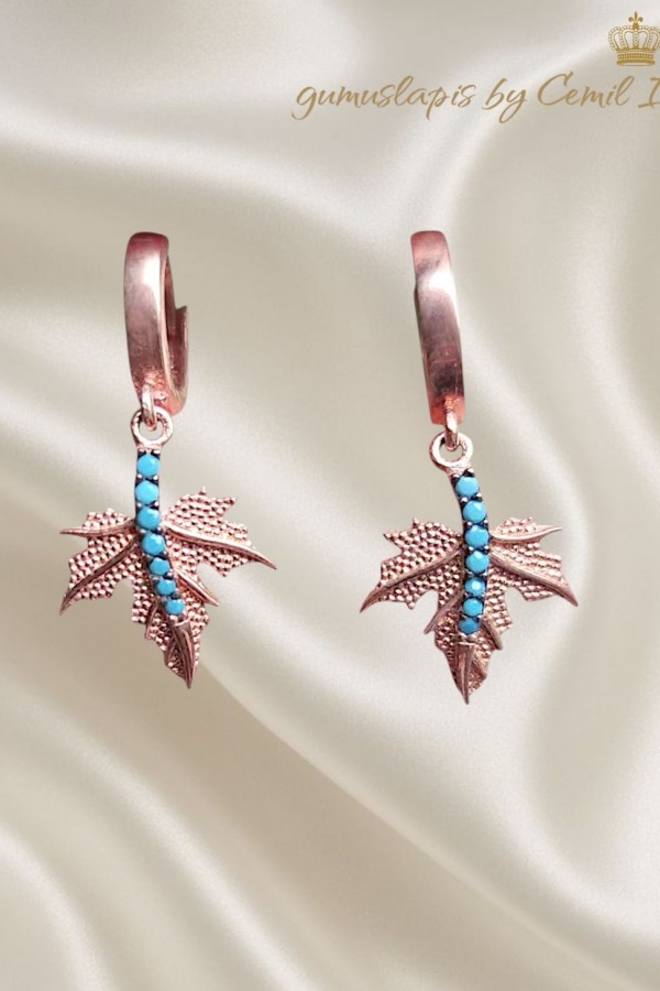 Turkuaz Taşlı Çınar Ağacı Yaprağı Motif Gümüş Küpe Çifti 