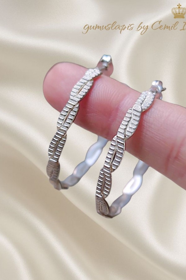 Örgü Motif Yarım Halka Gümüş Küpe Çifti 