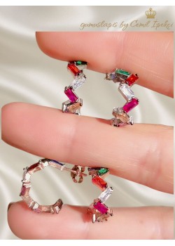 Renkli Baget Taşlı Zikzak Motif Gümüş Küpe Çifti Serisi 