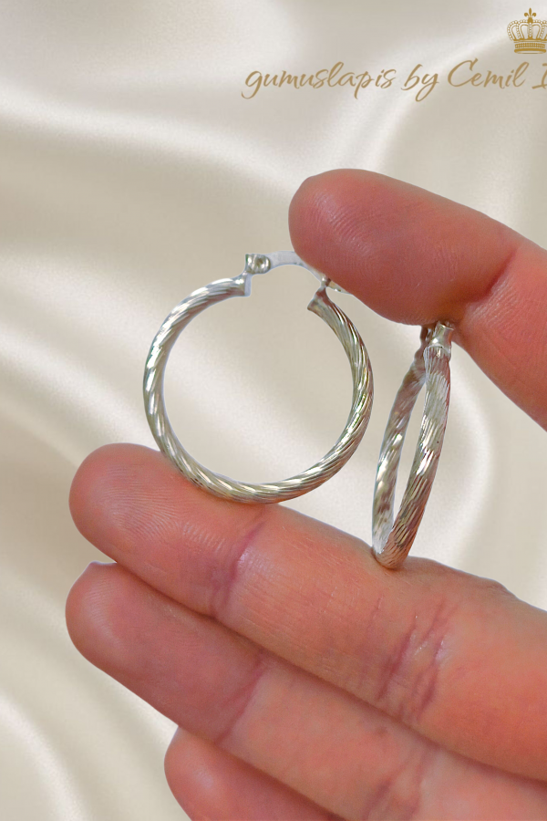 Lazer Kesim Taşsız Gümüş Halka Küpe Çifti