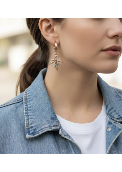 Turkuaz Taşlı Çınar Ağacı Yaprağı Motif Gümüş Küpe Çifti 